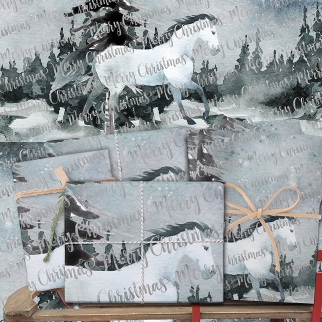 Winter Woodland Forest White Horse Merry Christmas Wrapping Paper Sheets (Winter Woodland Forest White Horse Merry Christmas Silver Calligraphy Holiday Gift Wrap Sheets Trio)