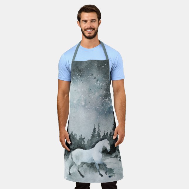 Winter Woodland Forest White Horse Night Sky Apron (Worn)
