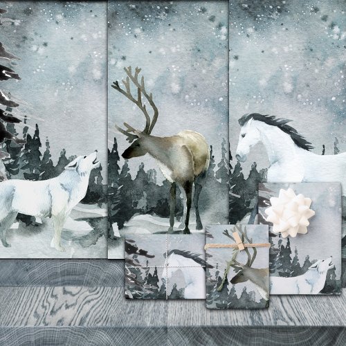 Winter Woodland Forest White Wolf Stag  Horse Wrapping Paper Sheets