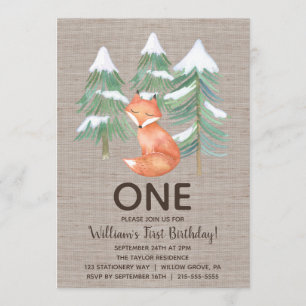 Winter Woodland Fox First Birthday Party Invitation