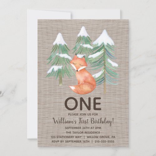 Winter Woodland Fox First Birthday Party Invitation