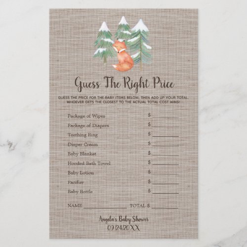 Winter Woodland Fox Guess the Right Price Game Flyer