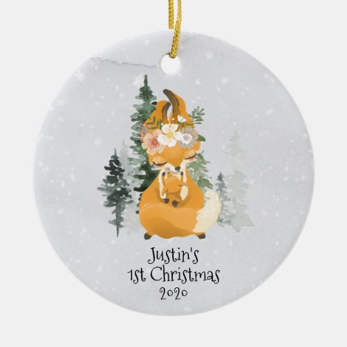 Winter Woodland Fox Mama Baby 1st Christmas Ceramic Ornament