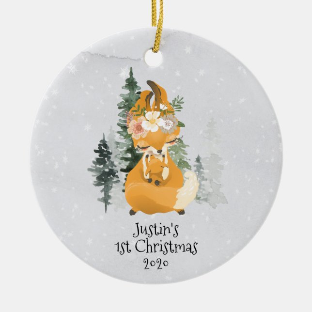 Winter Woodland Fox Mama Baby 1st Christmas Ceramic Ornament (Front)