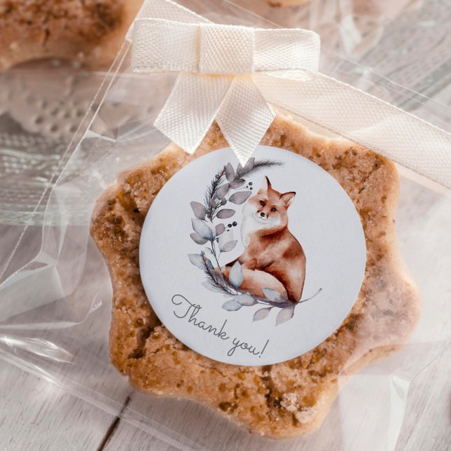 Winter Woodland Fox Modern Script Baby Shower Classic Round Sticker (Creator Uploaded)