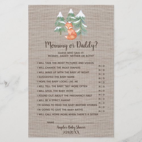 Winter Woodland Fox Mommy or Daddy Game Flyer