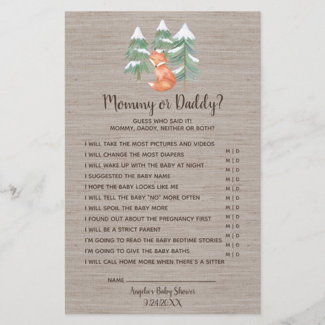 Winter Woodland Fox Mommy or Daddy Game Flyer (Front)