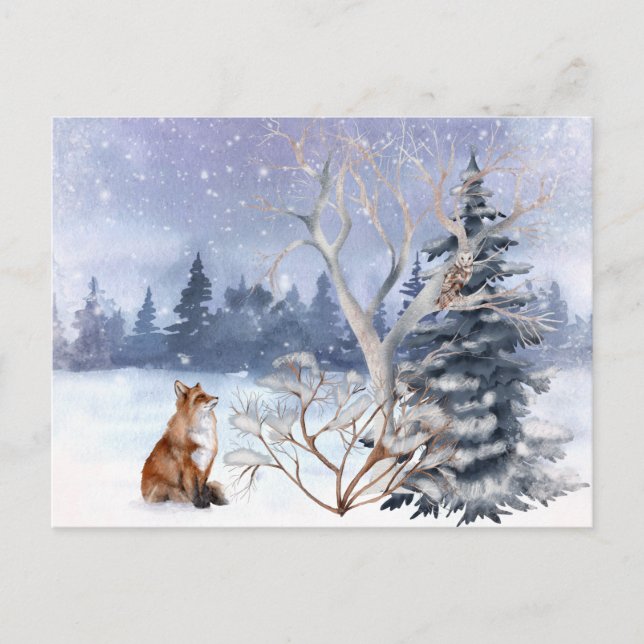 Winter Woodland Fox & Owl Holiday Postcard (Front)