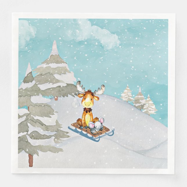 Winter Woodland Friends - Animal Illustration Paper Dinner Napkins (Front)