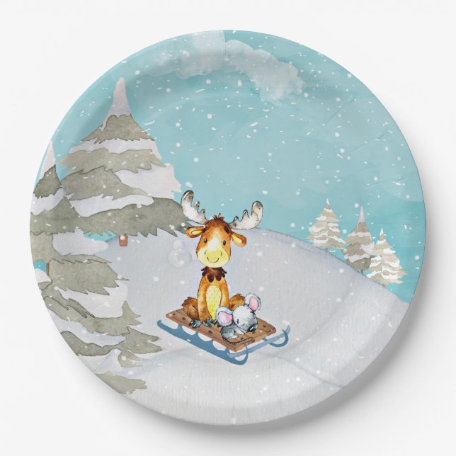 Winter Woodland Friends - Animal Illustration Paper Plates (Front)