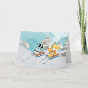 Winter Woodland Friends -Fox Hedgehog Illustration Holiday Card