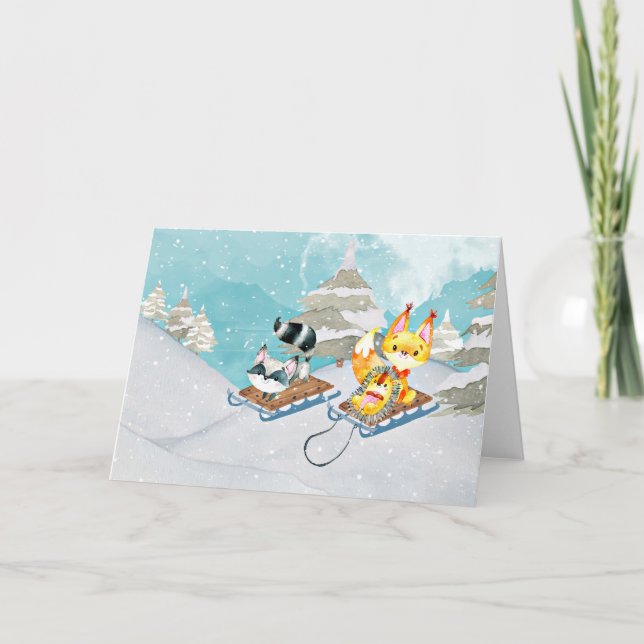 Winter Woodland Friends -Fox Hedgehog Illustration Holiday Card (Front)