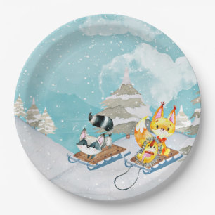 Winter Woodland Friends -Fox Hedgehog Illustration Paper Plates