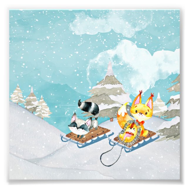 Winter Woodland Friends -Fox Hedgehog Illustration Photo Print (Front)