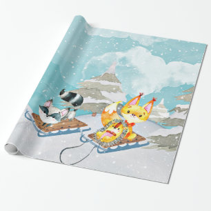 Winter Woodland Friends -Fox Hedgehog Illustration Wrapping Paper