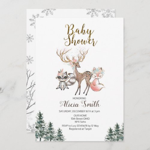 Winter woodland girl baby shower invitation