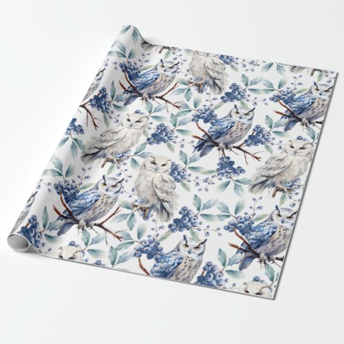 Winter Woodland Great White Owls Blue Berries Wrapping Paper