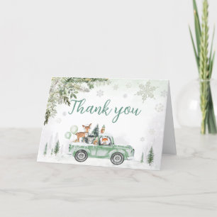 Winter Woodland Green Truck Baby Shower  Letterpress Thank You Card