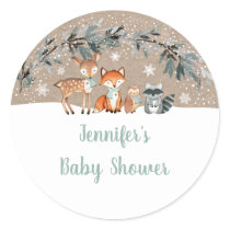 Winter Woodland Greenery Baby Shower Classic Round Sticker