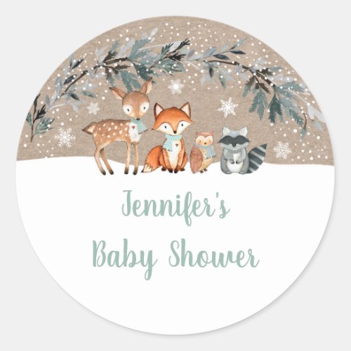 Winter Woodland Greenery Baby Shower Classic Round Sticker