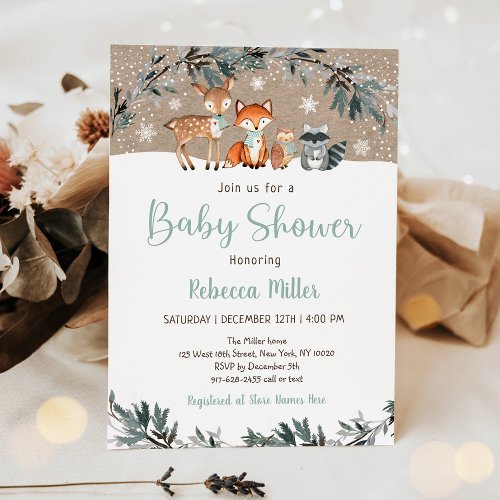 Winter Woodland Greenery Baby Shower Invitation