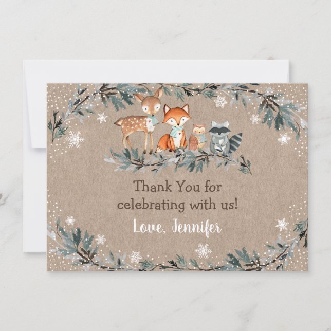 Winter Woodland Greenery Baby Shower Thank You Card (Front)