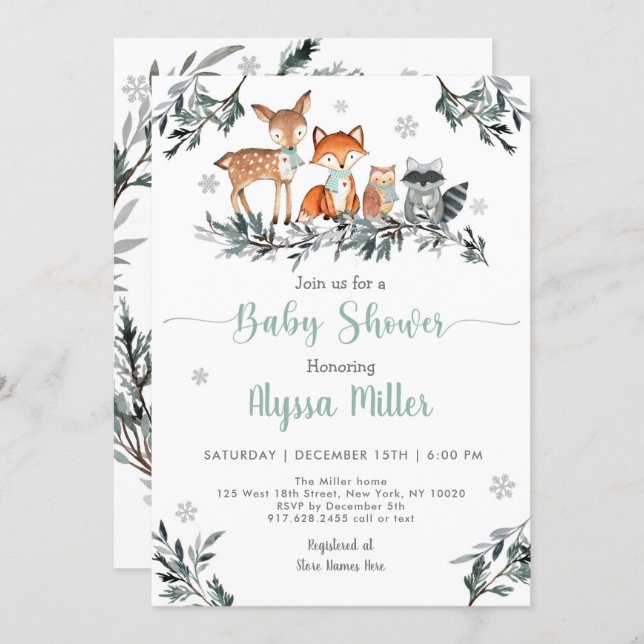 Winter Woodland Greenery Snowflake Baby Shower Invitation (Front/Back)