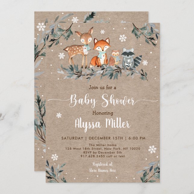 Winter Woodland Greenery Snowflake Baby Shower Invitation (Front/Back)