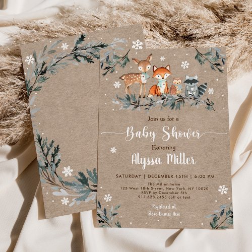 Winter Woodland Greenery Snowflake Baby Shower Invitation