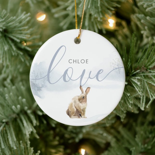 Winter Woodland Hare Love Script Ceramic Ornament (Tree)