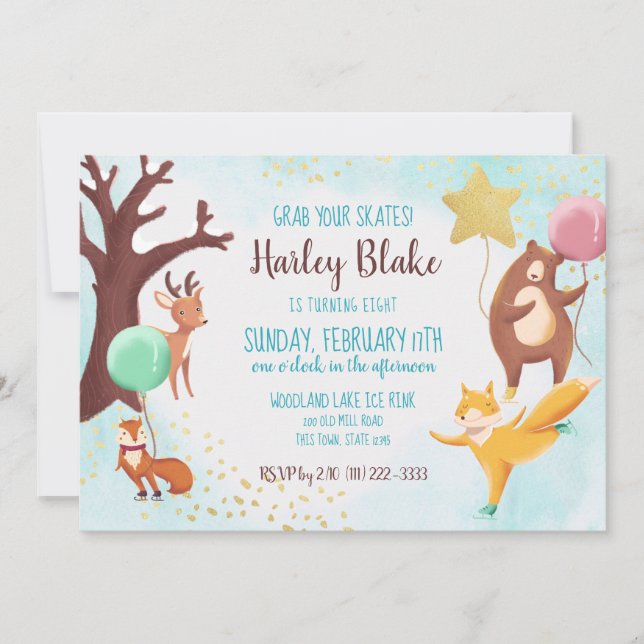 Winter Woodland Ice Skating Wild Animals Birthday Invitation (Front)