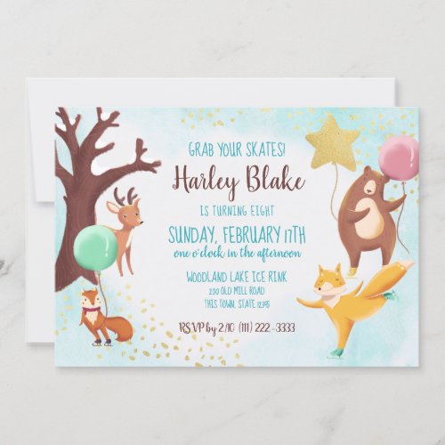 Winter Woodland Ice Skating Wild Animals Birthday Invitation