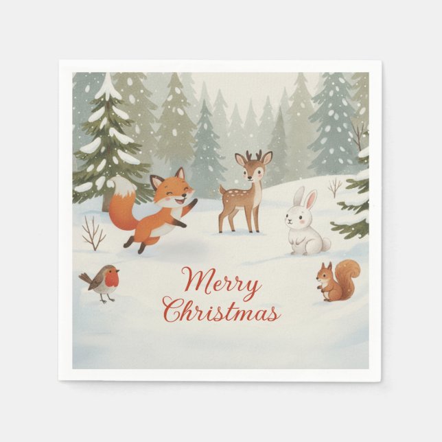 Winter Woodland Merry Christmas Forest Animals Napkins (Front)