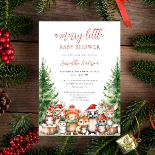 Winter Woodland Merry Little Christmas Baby Shower Invitation