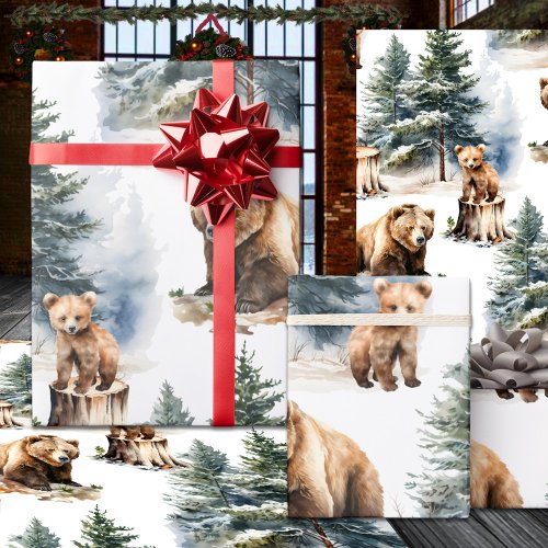 Winter Woodland Mother  Cub Grizzly Bear Country Wrapping Paper