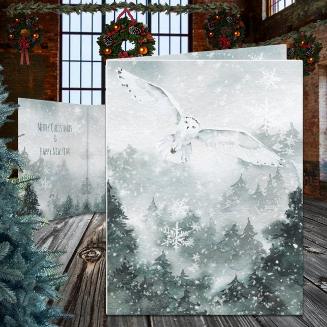 Winter Woodland Mountain Forest Great White Owl Holiday Card (Winter Woodland Mountain Forest Great White Owl Christmas Holiday Wraparound Graphics Folded Card)