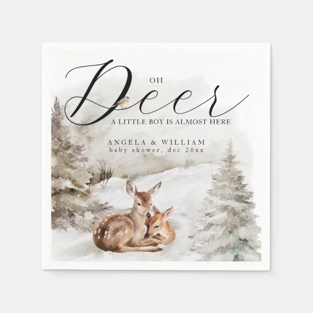 Winter Woodland Oh Deer Theme Baby Boy Shower Napkins (Front)