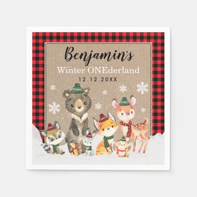 Winter Woodland ONEderland Lumberjack 1st Birthday Napkins (Front)