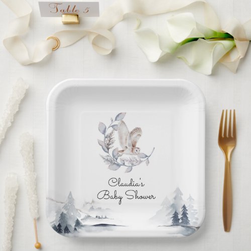 Winter Woodland Owl Modern Script Baby Shower Paper Plates