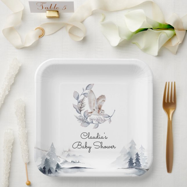 Winter Woodland Owl Modern Script Baby Shower Paper Plates (Wedding)