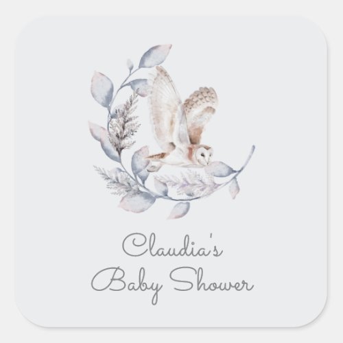 Winter Woodland Owl Modern Script Baby Shower Square Sticker