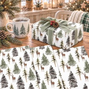 Winter Woodland Pine Tree Forest Stag Reindeer Wrapping Paper Sheets