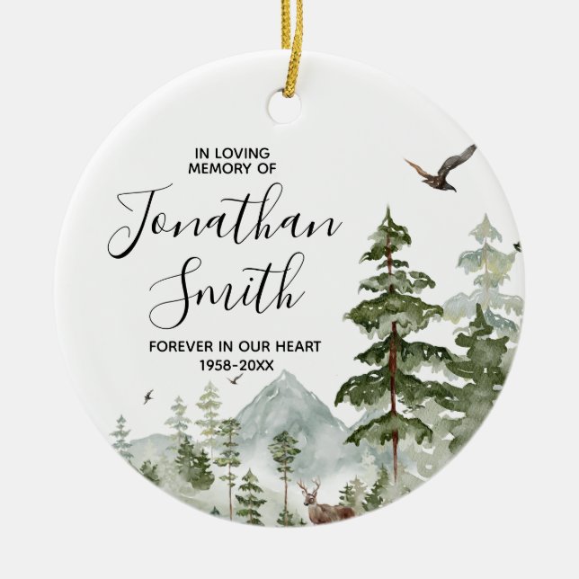 Winter Woodland Pine Tree In Loving Memory Ceramic Ornament (Front)