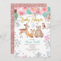 Winter Woodland Pink Baby Girl Shower Invitation