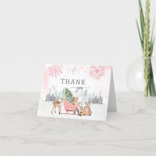 Winter Woodland Pink Baby Shower Thank You Card