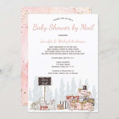 Winter Woodland Pink Bunny Baby Shower By Mail Invitation