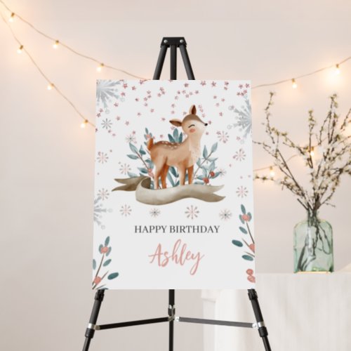 Winter Woodland Pink Happy Birthday Sign