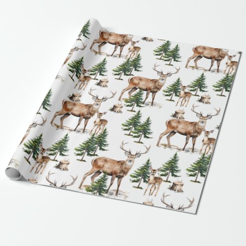 Winter Woodland Reindeer Family Pine Tree Forest Wrapping Paper