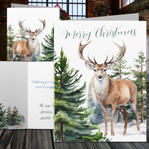 Winter Woodland Reindeer Stag Pine Tree Forest Holiday Card