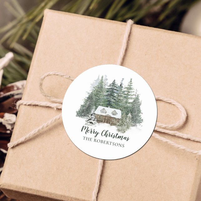 Winter Woodland Rustic Christmas Cabin Classic Round Sticker (Creator Uploaded)